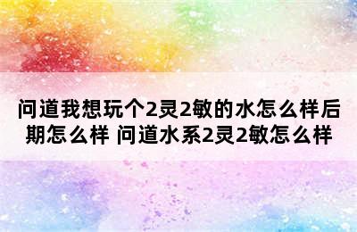 问道我想玩个2灵2敏的水怎么样后期怎么样 问道水系2灵2敏怎么样